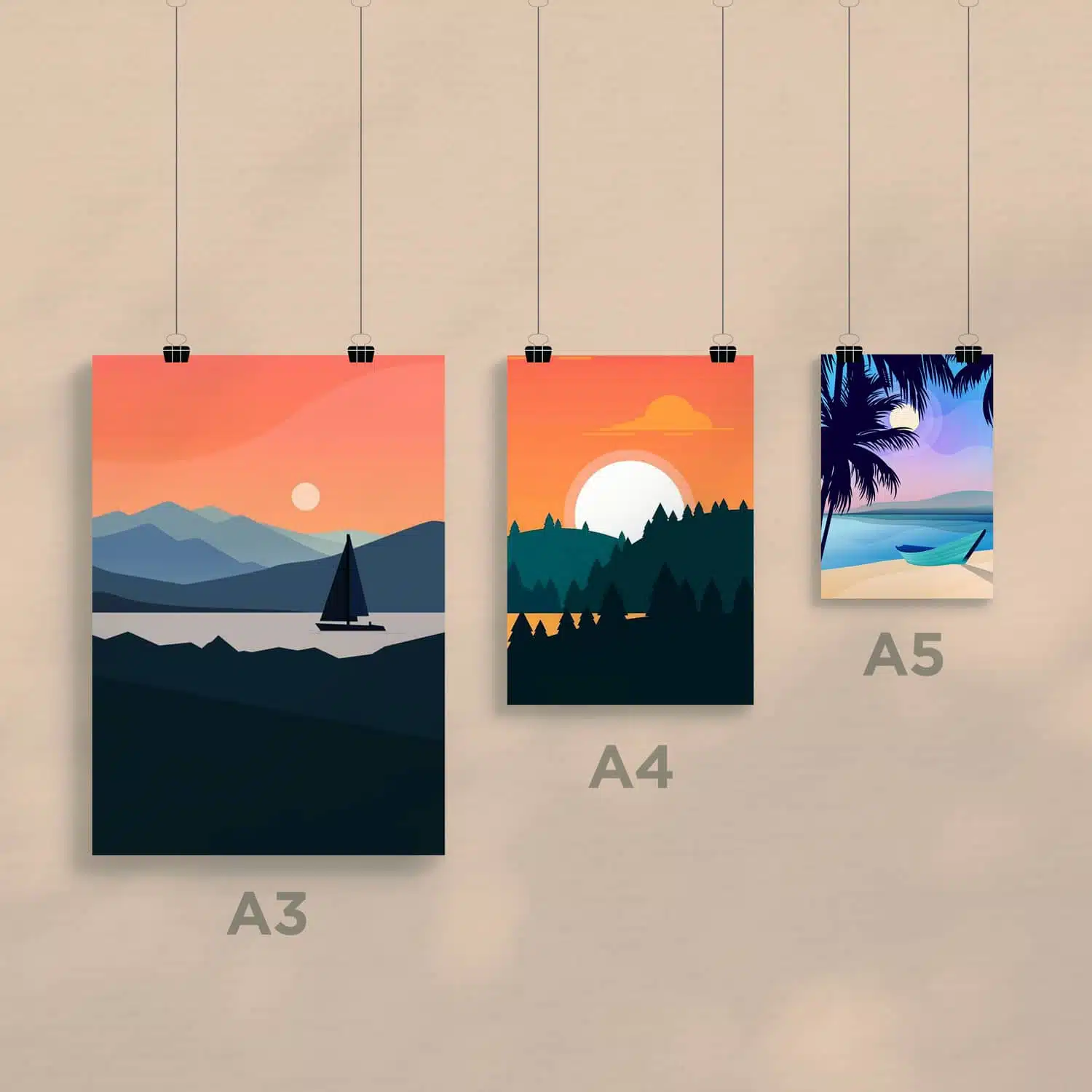 Trois affiches suspendues. Les affiches sont de différentes tailles et présentent différents thèmes, notamment l'art, la musique et le cinéma. Gabarits
