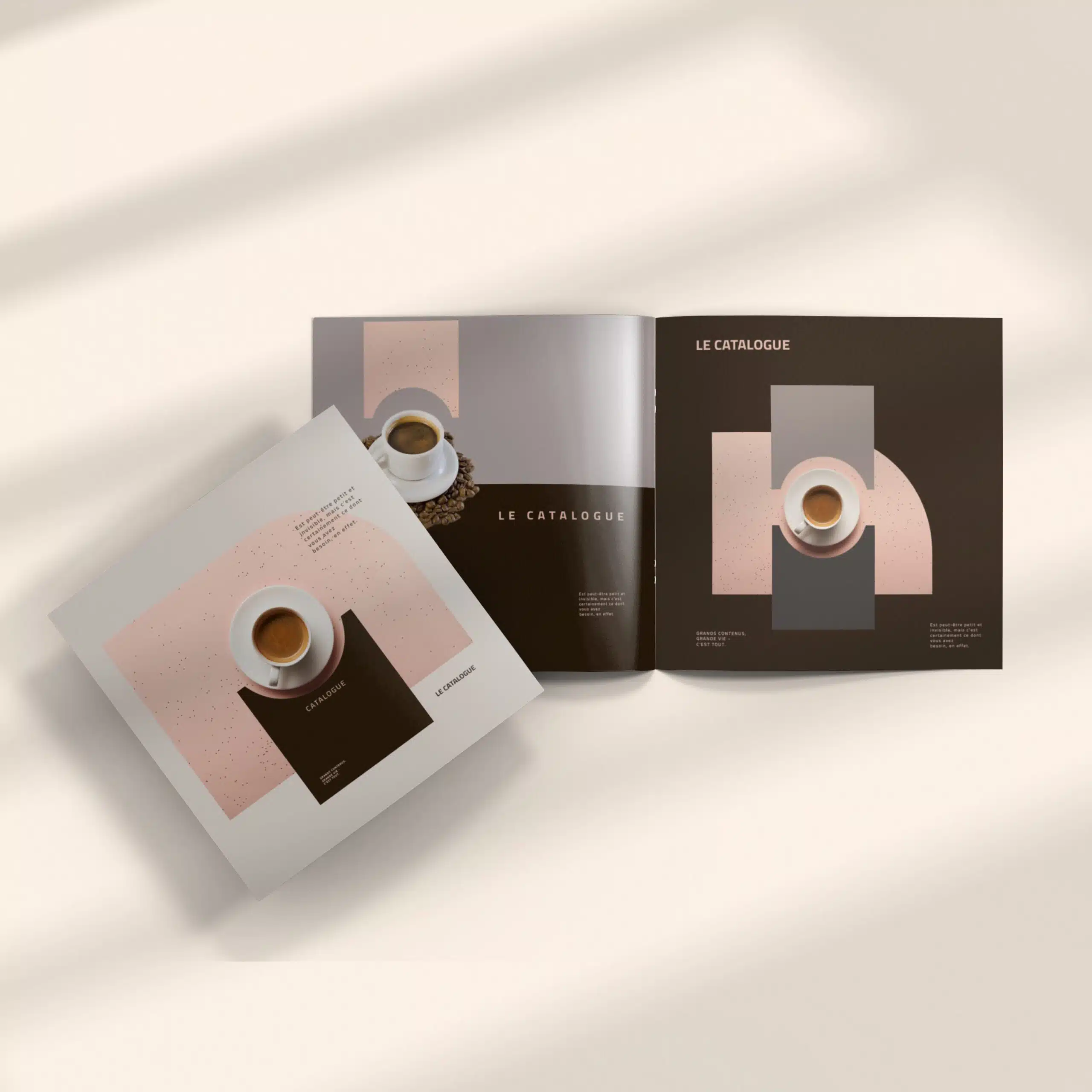 Deux brochures avec une tasse de café sur la couverture