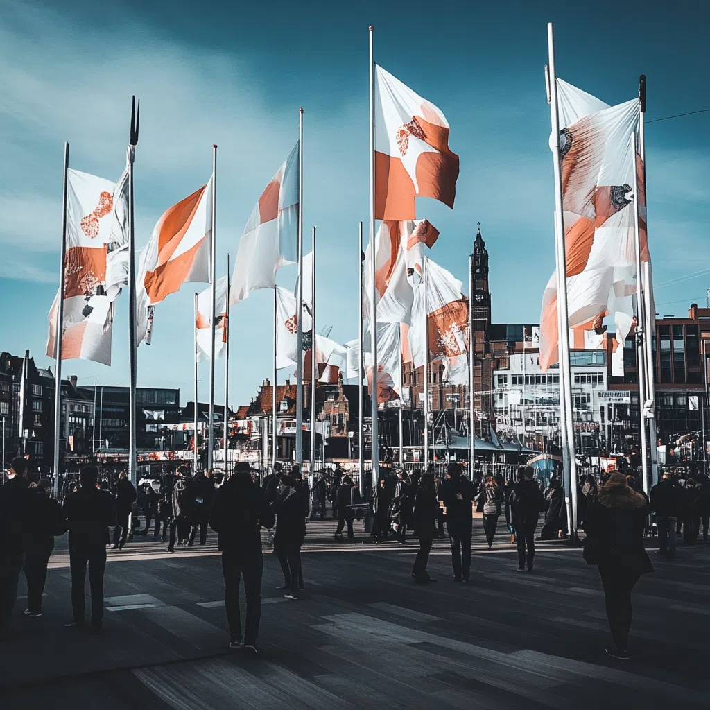Drapeaux publicitaires flottant sur une place urbaine animée, avec foule et bâtiments en arrière-plan