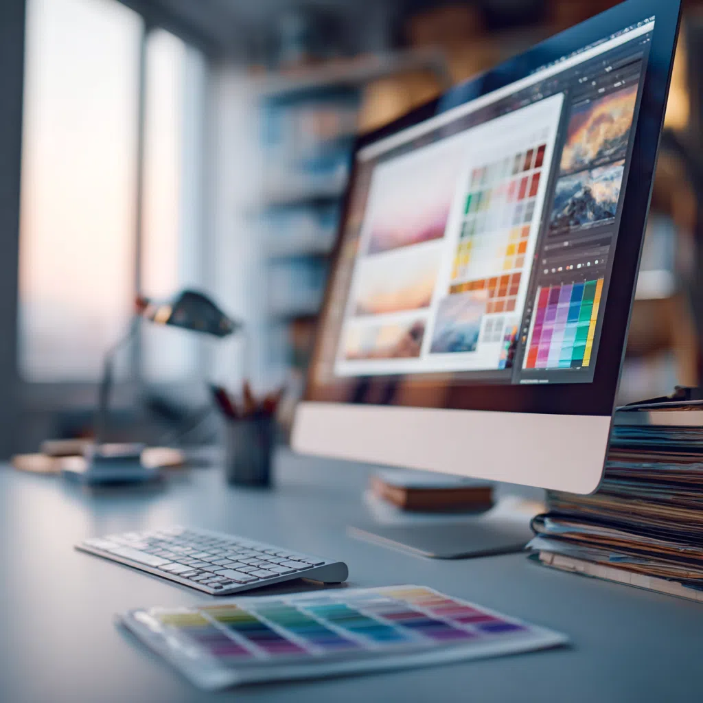 Bureau de graphiste avec écran affichant une interface de design et une palette de couleurs