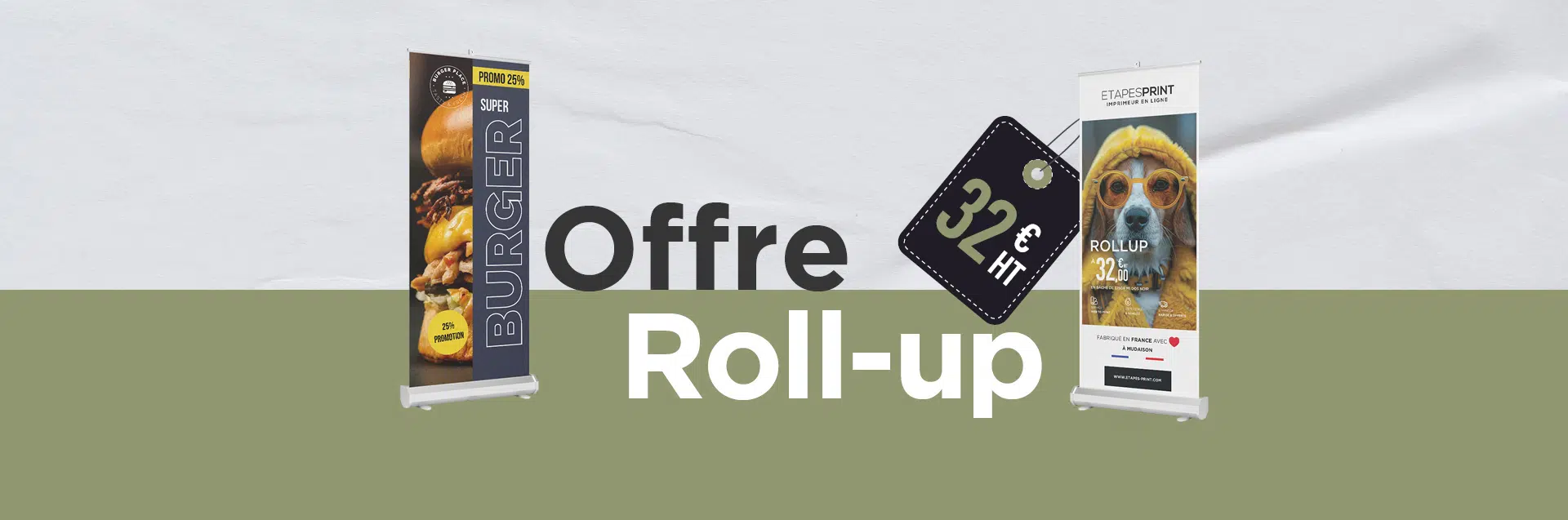 Deux roll-ups promotionnels avec visuels personnalisés et prix à partir de 32 € HT