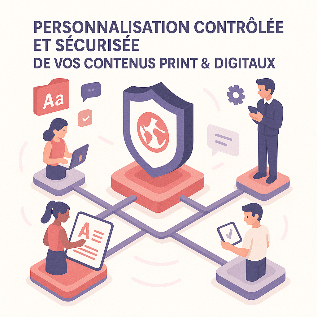 Solution de personnalisation sécurisée pour vos contenus print et digitaux Illustration de collaboration numérique autour d’un système sécurisé pour contenus imprimés et digitaux