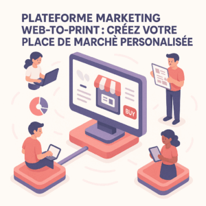 Créez votre propre place de marché Web-to-Print personnalisée Illustration d’une place de marché Web-to-Print connectant plusieurs utilisateurs à une interface d’achat personnalisée