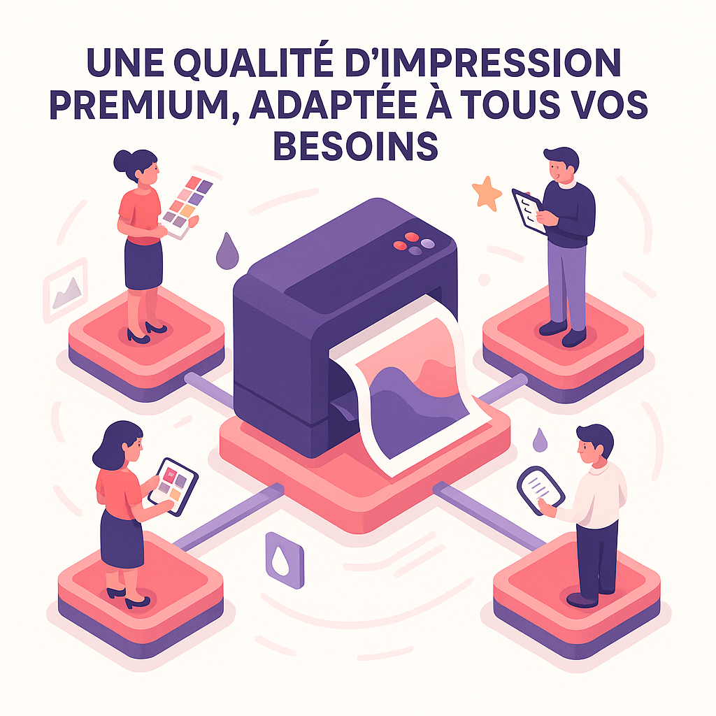 Impression de qualité premium – Fiabilité et haute définition pour tous vos supports Illustration d’une imprimante centrale connectée à plusieurs utilisateurs gérant la qualité et les fichiers