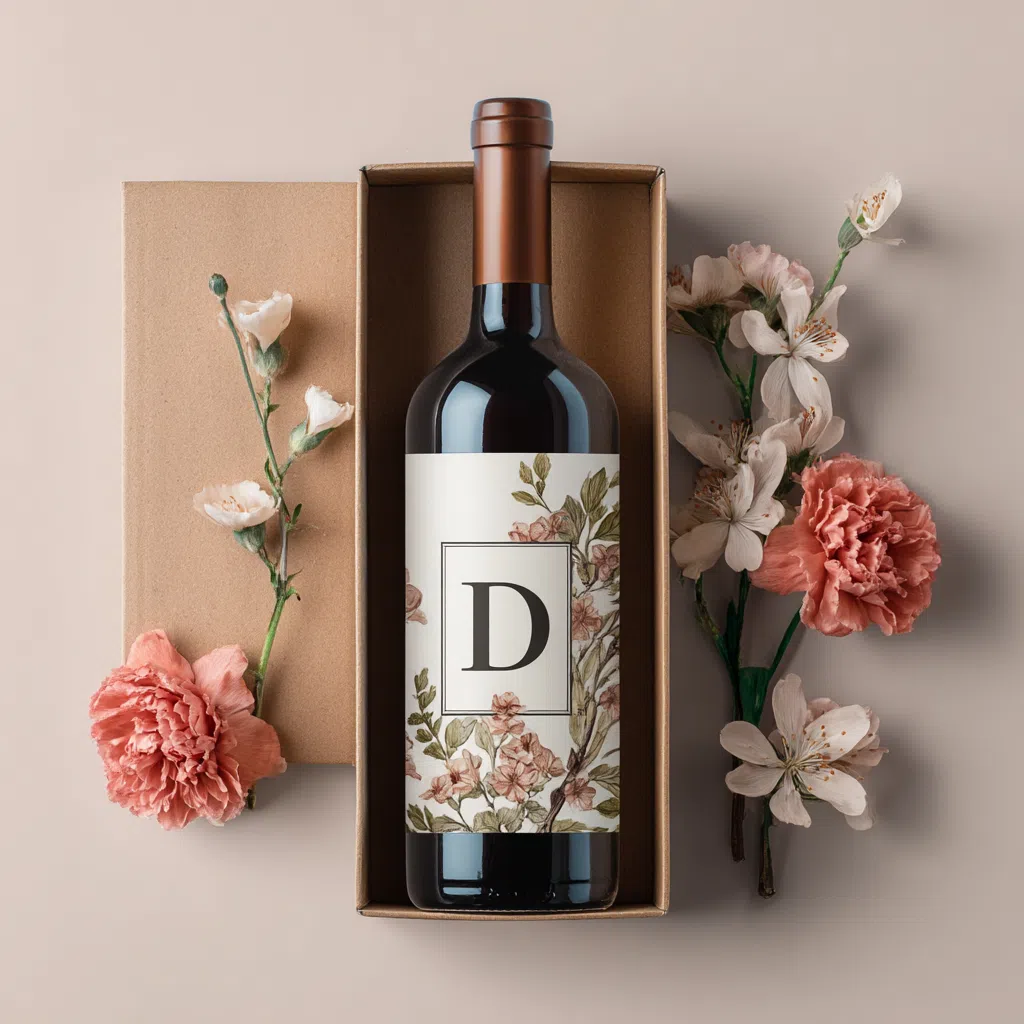 Bouteille de vin avec étiquette florale personnalisée et lettre D, présentée dans un coffret cadeau avec des fleurs