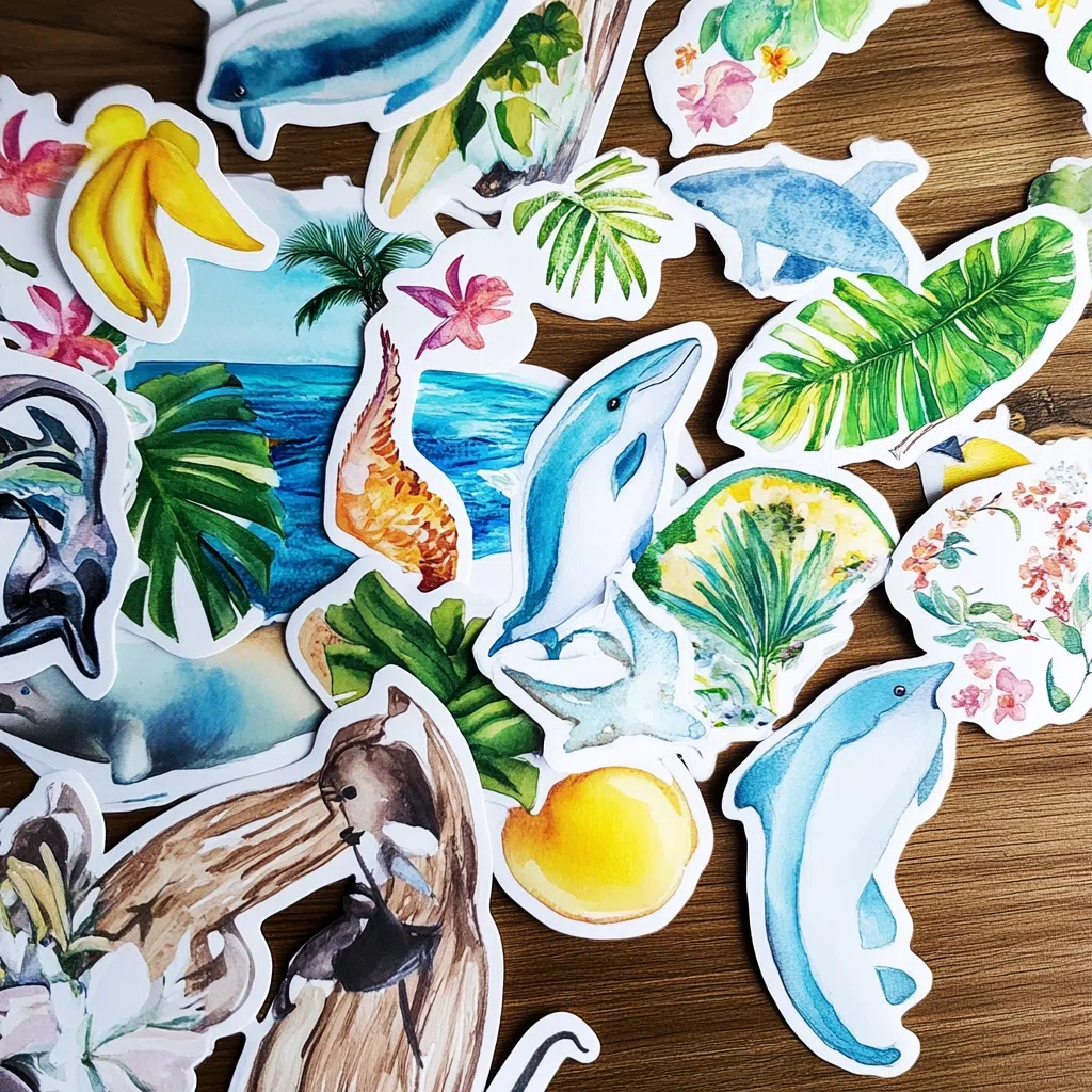 Autocollants colorés sur le thème tropical avec dauphins, feuilles et fruits