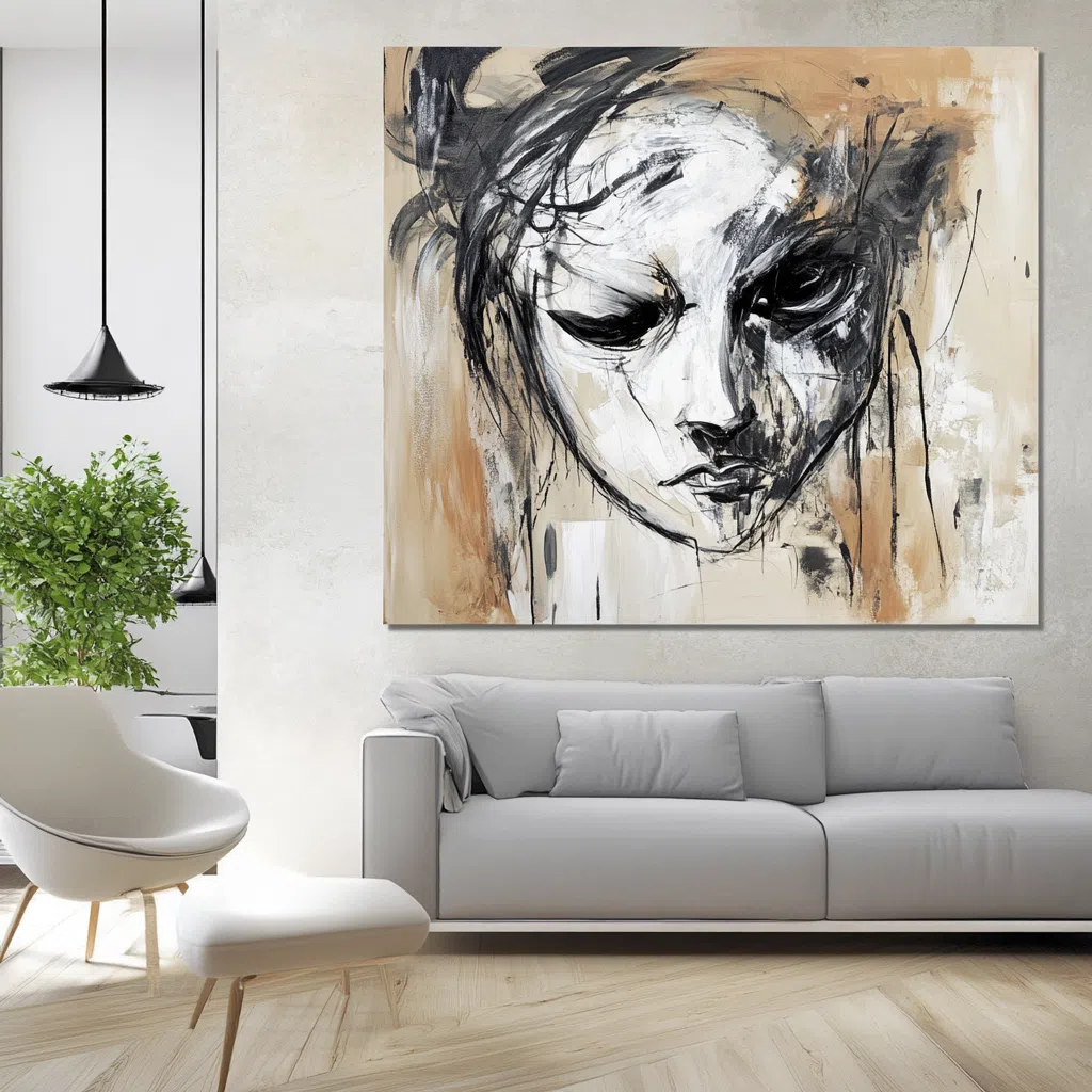 Impression artistique grand format d’un visage abstrait sur bâche tendue dans un salon moderne