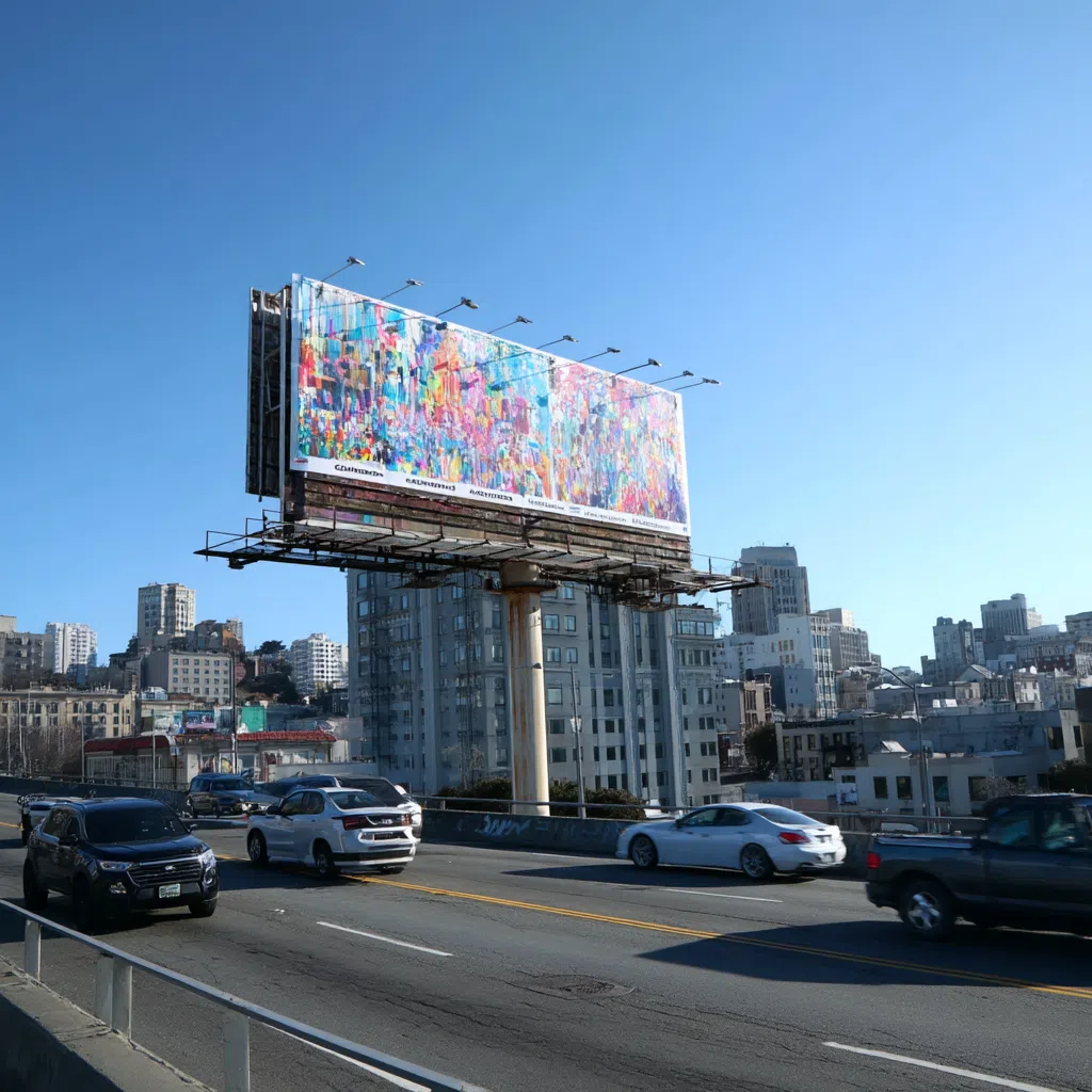 Panneau publicitaire géant coloré surélevé au-dessus d’une voie rapide urbaine avec voitures en circulation