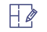 Contrôle des fichiers avant impression – Vérification graphique et technique Icône représentant une grille de mise en page avec un crayon, symbolisant la vérification de fichiers graphiques